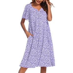 image:imageEkouaer Moo Moos for Women House Dress With Pockets Cotton Nightgowns Short Sleeve Night gowns Embroidered Mumu DressPurple Flowers