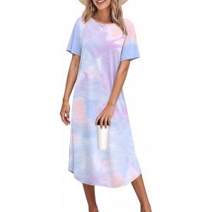 image:imageEkouaer Nightgowns for Women Bamboo Viscose House Dress Long Night Gowns Short Sleeve Sleepdress Soft Sleepwear S4XLBlue  Purple Tie Dye