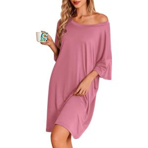 image:imageEkouaer Nightgowns for Women Bamboo Viscose Night Gowns Plus Size Sleep Shirts Short Sleeve Night Shirts Soft SleepwearGrey Purple