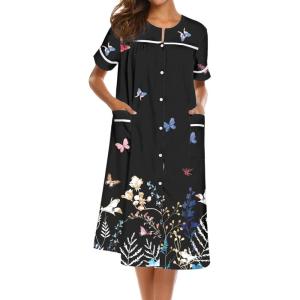 image:imageEkouaer Nightgowns for Women House Dress with Pockets Short Sleeve Duster Moo Moos Button Down House Coat SleepwearBlack Butterfly