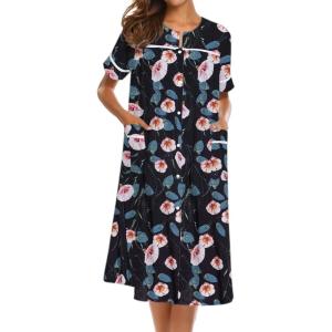 image:imageEkouaer Nightgowns for Women House Dress with Pockets Short Sleeve Duster Moo Moos Button Down House Coat SleepwearBlack Petunias