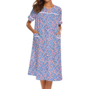 image:imageEkouaer Nightgowns for Women House Dress with Pockets Short Sleeve Duster Moo Moos Button Down House Coat SleepwearBlue Flower