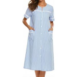 image:imageEkouaer Nightgowns for Women House Dress with Pockets Short Sleeve Duster Moo Moos Button Down House Coat SleepwearBlue Stripes