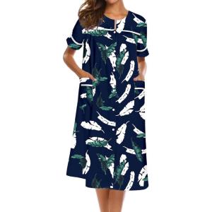 image:imageEkouaer Nightgowns for Women House Dress with Pockets Short Sleeve Duster Moo Moos Button Down House Coat SleepwearHawaiian Leaves