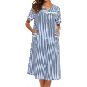 image:imageEkouaer Nightgowns for Women House Dress with Pockets Short Sleeve Duster Moo Moos Button Down House Coat SleepwearNavy Stripes