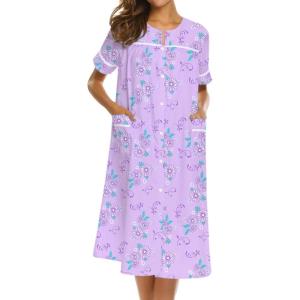 image:imageEkouaer Nightgowns for Women House Dress with Pockets Short Sleeve Duster Moo Moos Button Down House Coat SleepwearPurple Daisy