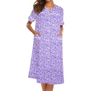 image:imageEkouaer Nightgowns for Women House Dress with Pockets Short Sleeve Duster Moo Moos Button Down House Coat SleepwearPurple Dots