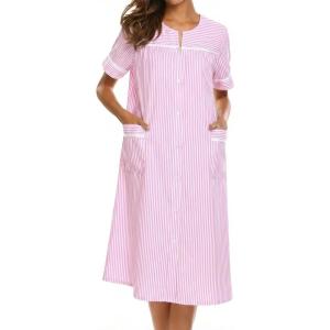 image:imageEkouaer Nightgowns for Women House Dress with Pockets Short Sleeve Duster Moo Moos Button Down House Coat SleepwearStriped Pink