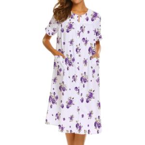 image:imageEkouaer Nightgowns for Women House Dress with Pockets Short Sleeve Duster Moo Moos Button Down House Coat SleepwearWhite Flower