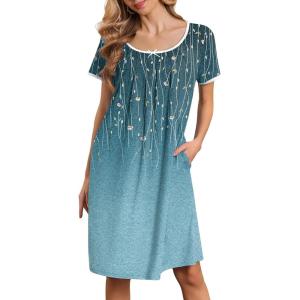 image:imageEkouaer Nightgowns for Women Short Sleeve Moo Moos Ladies House Dress with Pockets Pleated Sleepshirts Soft SleepwearBluegreen Vines
