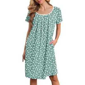 image:imageEkouaer Nightgowns for Women Short Sleeve Moo Moos Ladies House Dress with Pockets Pleated Sleepshirts Soft SleepwearGreen Flower