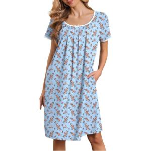 image:imageEkouaer Nightgowns for Women Short Sleeve Moo Moos Ladies House Dress with Pockets Pleated Sleepshirts Soft SleepwearLight Blue Florals