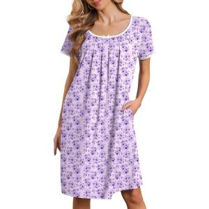 image:imageEkouaer Nightgowns for Women Short Sleeve Moo Moos Ladies House Dress with Pockets Pleated Sleepshirts Soft SleepwearLight Purple Florals