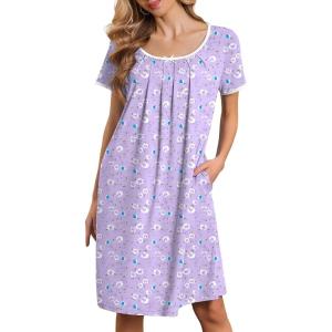 image:imageEkouaer Nightgowns for Women Short Sleeve Moo Moos Ladies House Dress with Pockets Pleated Sleepshirts Soft SleepwearPurple White Florals