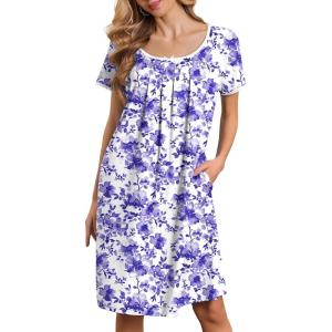 image:imageEkouaer Nightgowns for Women Short Sleeve Moo Moos Ladies House Dress with Pockets Pleated Sleepshirts Soft SleepwearWhite Purple  Blue Floral