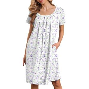 image:imageEkouaer Nightgowns for Women Short Sleeve Moo Moos Ladies House Dress with Pockets Pleated Sleepshirts Soft SleepwearWhite Purple  Pink Florals