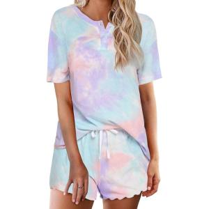 image:imageEkouaer Pajamas Set for Women Short Sleeve Lounge Set 2 Piece Loungewear PJs Soft Cute Lightweight SleepwearAtie Dye Pink Blue Purple