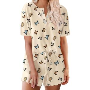 image:imageEkouaer Pajamas Set for Women Short Sleeve Lounge Set 2 Piece Loungewear PJs Soft Cute Lightweight SleepwearBeige Butterfly