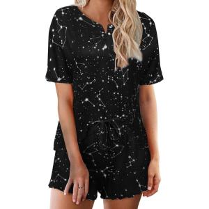image:imageEkouaer Pajamas Set for Women Short Sleeve Lounge Set 2 Piece Loungewear PJs Soft Cute Lightweight SleepwearBlack Sky