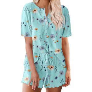 image:imageEkouaer Pajamas Set for Women Short Sleeve Lounge Set 2 Piece Loungewear PJs Soft Cute Lightweight SleepwearBlue Flower