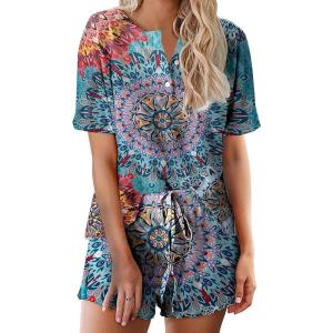 image:imageEkouaer Pajamas Set for Women Short Sleeve Lounge Set 2 Piece Loungewear PJs Soft Cute Lightweight SleepwearBlue Round Flower