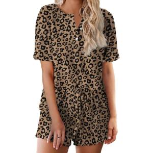 image:imageEkouaer Pajamas Set for Women Short Sleeve Lounge Set 2 Piece Loungewear PJs Soft Cute Lightweight SleepwearBrown Black Leopard