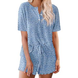 image:imageEkouaer Pajamas Set for Women Short Sleeve Lounge Set 2 Piece Loungewear PJs Soft Cute Lightweight SleepwearClear Blue Floral