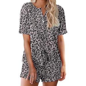 image:imageEkouaer Pajamas Set for Women Short Sleeve Lounge Set 2 Piece Loungewear PJs Soft Cute Lightweight SleepwearGray Black Leopard