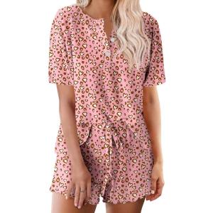 image:imageEkouaer Pajamas Set for Women Short Sleeve Lounge Set 2 Piece Loungewear PJs Soft Cute Lightweight SleepwearPink Leopard