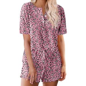 image:imageEkouaer Pajamas Set for Women Short Sleeve Lounge Set 2 Piece Loungewear PJs Soft Cute Lightweight SleepwearPink White Leopard