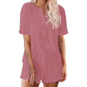 image:imageEkouaer Pajamas Set for Women Short Sleeve Lounge Set 2 Piece Loungewear PJs Soft Cute Lightweight SleepwearPurple Red