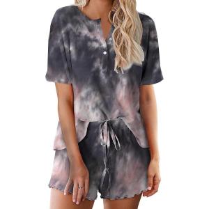 image:imageEkouaer Pajamas Set for Women Short Sleeve Lounge Set 2 Piece Loungewear PJs Soft Cute Lightweight SleepwearTie Dye Black Pink