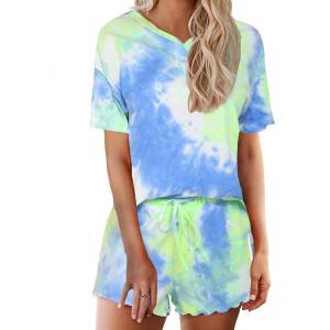 image:imageEkouaer Pajamas Set for Women Short Sleeve Lounge Set 2 Piece Loungewear PJs Soft Cute Lightweight SleepwearTie Dye Blue Green