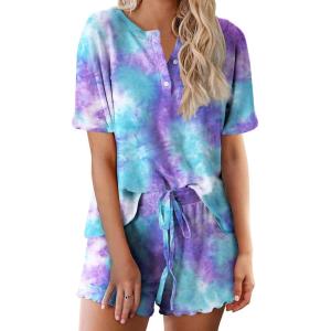 image:imageEkouaer Pajamas Set for Women Short Sleeve Lounge Set 2 Piece Loungewear PJs Soft Cute Lightweight SleepwearTie Dye Blue and Purple