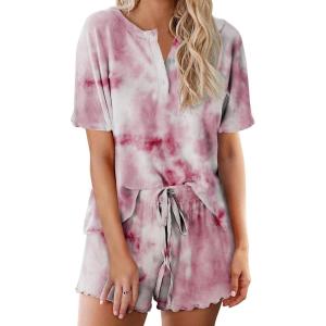 image:imageEkouaer Pajamas Set for Women Short Sleeve Lounge Set 2 Piece Loungewear PJs Soft Cute Lightweight SleepwearTie Dye Fuchsia