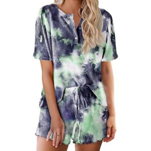 image:imageEkouaer Pajamas Set for Women Short Sleeve Lounge Set 2 Piece Loungewear PJs Soft Cute Lightweight SleepwearTie Dye Green Grey