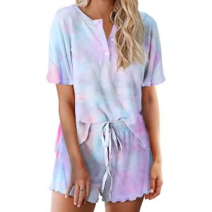 image:imageEkouaer Pajamas Set for Women Short Sleeve Lounge Set 2 Piece Loungewear PJs Soft Cute Lightweight SleepwearTie Dye Light Blue Purple