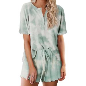 image:imageEkouaer Pajamas Set for Women Short Sleeve Lounge Set 2 Piece Loungewear PJs Soft Cute Lightweight SleepwearTie Dye Light Green