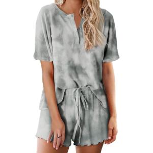 image:imageEkouaer Pajamas Set for Women Short Sleeve Lounge Set 2 Piece Loungewear PJs Soft Cute Lightweight SleepwearTie Dye Light Grey