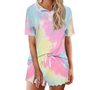 image:imageEkouaer Pajamas Set for Women Short Sleeve Lounge Set 2 Piece Loungewear PJs Soft Cute Lightweight SleepwearTie Dye Pink Yellow