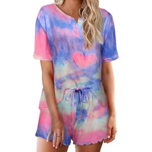 image:imageEkouaer Pajamas Set for Women Short Sleeve Lounge Set 2 Piece Loungewear PJs Soft Cute Lightweight SleepwearTie Dye Rainbow