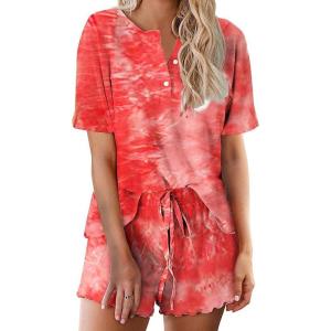 image:imageEkouaer Pajamas Set for Women Short Sleeve Lounge Set 2 Piece Loungewear PJs Soft Cute Lightweight SleepwearTie Dye Red