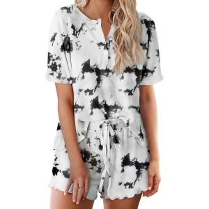 image:imageEkouaer Pajamas Set for Women Short Sleeve Lounge Set 2 Piece Loungewear PJs Soft Cute Lightweight SleepwearTie Dye White Black