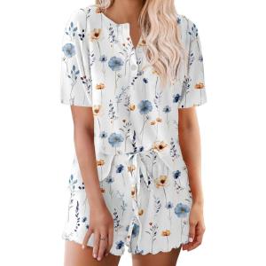 image:imageEkouaer Pajamas Set for Women Short Sleeve Lounge Set 2 Piece Loungewear PJs Soft Cute Lightweight SleepwearWhite Flower