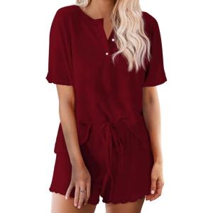 image:imageEkouaer Pajamas Set for Women Short Sleeve Lounge Set 2 Piece Loungewear PJs Soft Cute Lightweight SleepwearWine Red