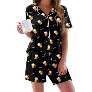 image:imageEkouaer Pajamas Set for Women Short Sleeve Sleepwear Button Down Pjs Soft 2 Piece Lounge Sets XSXXXLBlack Beer Print