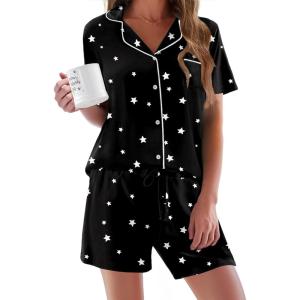 image:imageEkouaer Pajamas Set for Women Short Sleeve Sleepwear Button Down Pjs Soft 2 Piece Lounge Sets XSXXXLBlack With Stars