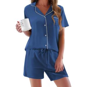 image:imageEkouaer Pajamas Set for Women Short Sleeve Sleepwear Button Down Pjs Soft 2 Piece Lounge Sets XSXXXLClear Blue