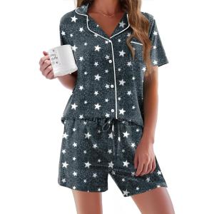 image:imageEkouaer Pajamas Set for Women Short Sleeve Sleepwear Button Down Pjs Soft 2 Piece Lounge Sets XSXXXLGray Star Print