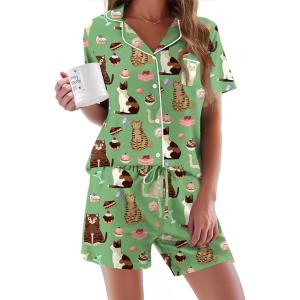 image:imageEkouaer Pajamas Set for Women Short Sleeve Sleepwear Button Down Pjs Soft 2 Piece Lounge Sets XSXXXLGreen Cat Print